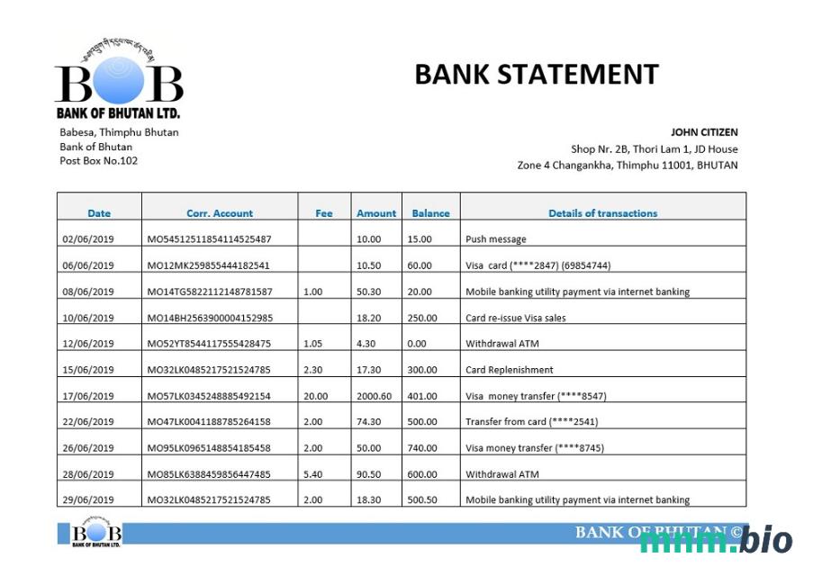 Bhutan Bank Of Bhutan wyciąg bankowy łatwy do wypełnienia szablon w formacie Excel i PDF